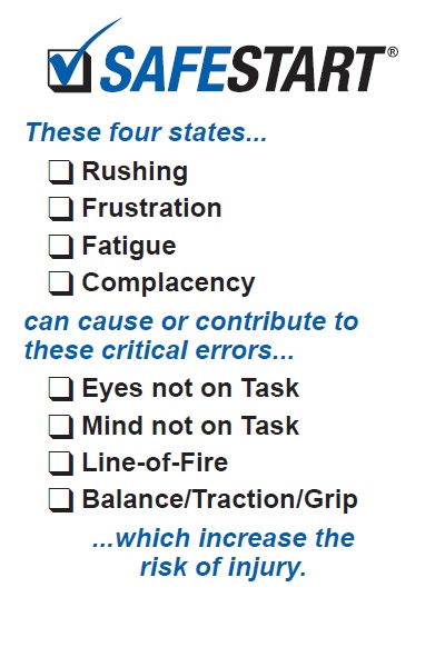 SafeStart, critical states, critical errors, rushing, frustration, fatigue, complacency, eyes not on task, mind not on task, line of fire, losing balance, traction, grip, risk of injury, safety awareness, about SafeStart, SafeStart, SafeStart International, safety habits, workplace safety, occupational safety, improve safety culture, boost safety awareness, reduce human failure, reduce injuries, injury reduction, reduce accident rates, improve company figures, prevent critical errors, implement a positive culture change at your company, promote employee engagement, boost employee commitment, 24/7 safety, safety round the clock, being safe 24/7, safe behavioural patterns, learn safe behaviour, acquire universal safety skills, safety skill for families, safety skills for children, safety skills for everyone, safety training for employees, safety for the whole company, safety training for kids, improve operational efficiency, improve quality, safety-related habits, safety-related behaviour, risk patterns, ensure high performance, critical states, critical decisions, critical errors, how injuries occur, how to prevent injuries, how to prevent accidents